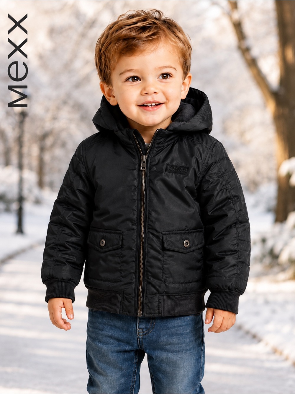 Mexx Boys Black Hooded Fleece Lined Jacket Coat Size 92 24-30 Months